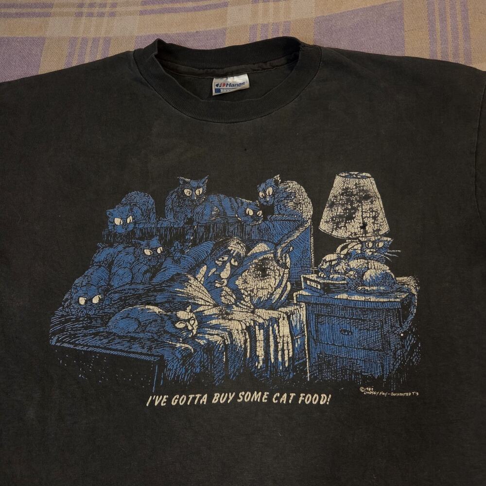 Vintage Ive Gotta Buy Some Cat Food Faded Black T Shirt 80s 90s Lindsey Fay Bed